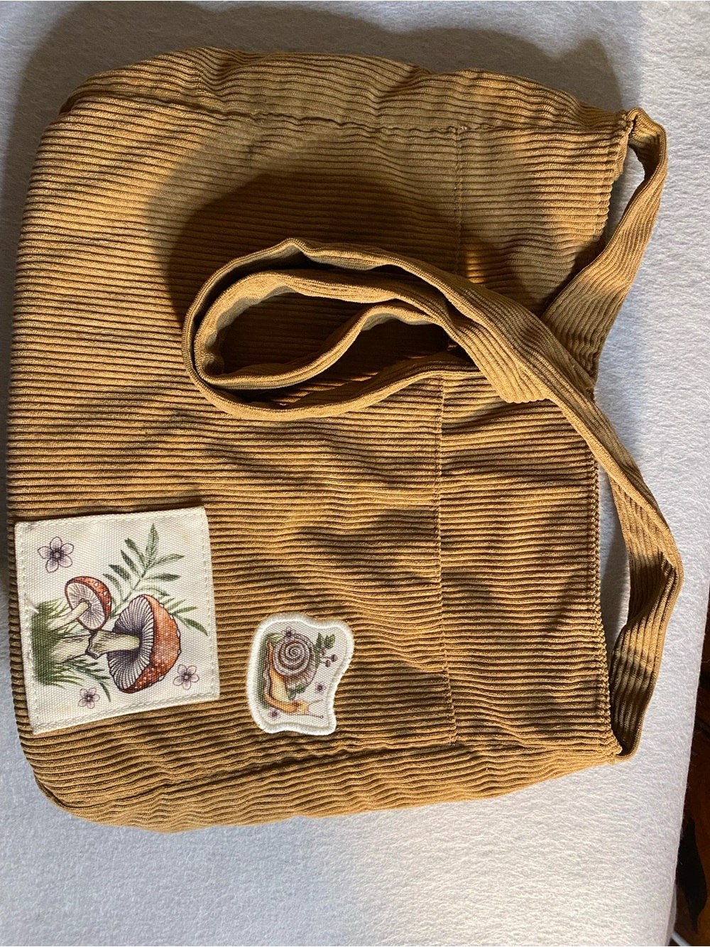 Hot Topic Mustard Corduroy Shoulder Bag with Mushroom Patch